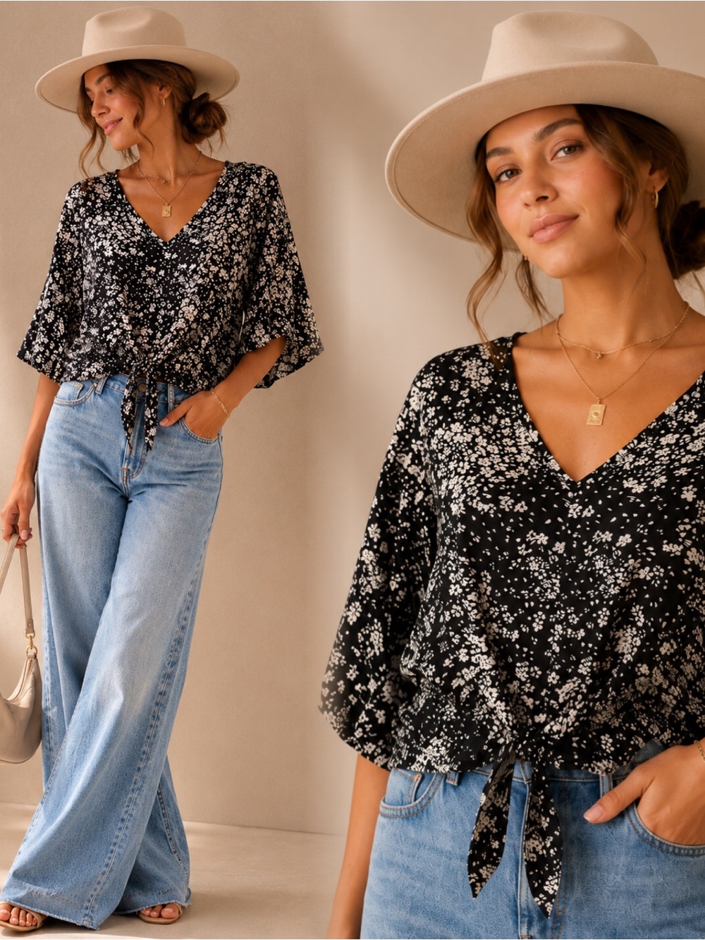 Sienna Sky Crop Black Floral Tie-Front V-Neck Blouse